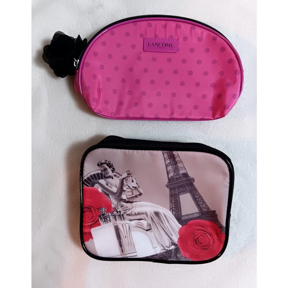 Lot of 2 Lancome cosmetics bags - pink w/ black rose, French scene